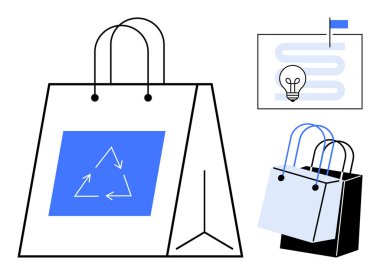 İki çevre dostu alışveriş torbası, bir tanesinde geri dönüşüm sembolü ve bir ampullü yol haritası. Sürdürülebilirlik, geri dönüşüm, ekolojik bilinç alışverişi, çevre bilinci, stratejik farkındalık için ideal
