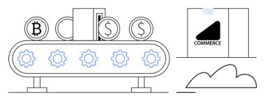 Taşıma bandı kripto para birimi ve nakit ikonları taşıyor, elektronik ticaret kutusunun yanında otomatik süreçleri vurguluyor. Finans, engelleme zinciri, e-ticaret, teknoloji, otomasyon, yenilik için ideal