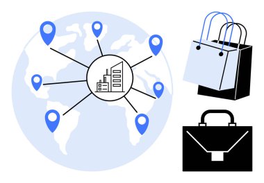 Merkezi bir bina simgesine bağlı küresel konumların haritası çıkarılıyor. Alışveriş çantaları ve evrak çantası e-ticareti, kurumsal bağlantıları, lojistik, perakende satış ve küresel ticareti temsil ediyor. İdeal