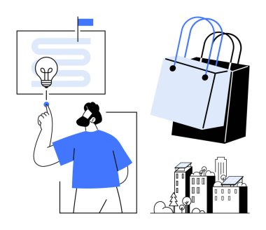 Ampullere dokunan bir adam, dolambaçlı bir yol, büyük bir alışveriş çantası, şehir binaları sahnesi. Yaratıcılık, alışveriş, kentsel planlama, yenilik, modern ticaret perakende yaşam tarzı için idealdir. Soyut