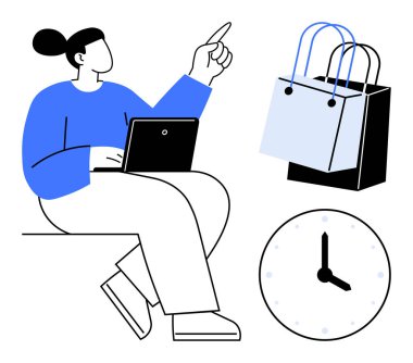 Yanında alışveriş torbaları ve saatle birlikte dizüstü bilgisayar kullanarak yukarıya bakan bir kadın. E-ticaret, çevrimiçi alışveriş, zaman yönetimi, dijital pazarlama, müşteri hizmetleri için ideal