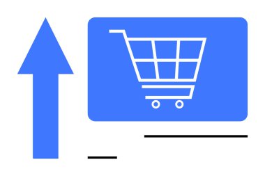Alışveriş arabası simgesi mavi dikdörtgenin içinde, yukarı doğru büyük bir okla. E-ticaret, çevrimiçi alışveriş, büyüme, satış eğilimleri, dijital pazarlama, iş stratejisi, düz basit metafor