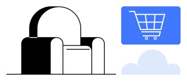 Mavi alışveriş arabası ikonu ve bulutun yanında parlak modern tasarımı olan koltuklar. Mobilya alışverişi, e-ticaret, çevrimiçi perakende satış, dijital depolama, bulut hesaplama, modern tasarım, minimalist