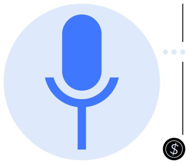 Noktalı tasarım ve dolar işareti sembolüyle daire şeklinde mavi mikrofon. Yapay zeka, ses tanıma, podcast, teknoloji, finans, yenilik, dijital pazarlama için ideal. Düz basit metafor
