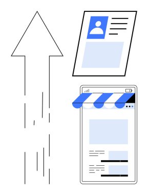 İlerlemeyi sembolize eden yukarı ok bir kullanıcı profilini ve mobil mağaza önünü bağlar. Kişisel büyüme, e-ticaret, çevrimiçi iş, kariyer geliştirme, dijital pazarlama, yenilik, düz basit