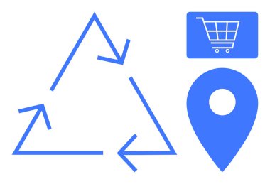 Geri dönüşüm okları konum iğnesi ve alışveriş arabası simgesinin yanında bir üçgen oluşturuyor. Sürdürülebilirlik, çevre dostu iş, lojistik, alışveriş, çevre bilinci, yeşil ticaret, daire