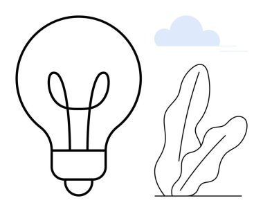 Yeniliği sembolize eden ampul, doğayı temsil eden yapraklar ve olasılıkları gösteren bir bulut. Yaratıcılık, sürdürülebilirlik, enerji, basitlik, çevre dostu tasarım, beyin fırtınası için ideal