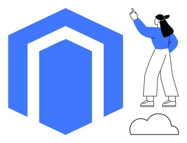 Modern kıyafetli kadın, altta bulut bulunan mavi geometrik yapıyı işaret ediyor. İlerlemeyi, yeniliği ve geleceği simgeliyor. Liderlik, yaratıcılık, teknoloji, takım çalışması, planlama için ideal