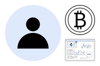 Kullanıcı profili simgesi, Bitcoin logosu ve finansal grafikleri ve ölçümleri olan analitik gösterge paneli. Kripto para birimi, finans, engelleme zinciri, veri analizi, teknoloji dijital ekonomi fintech için idealdir. Düz