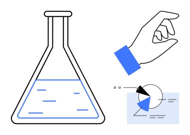 İçinde sıvı bulunan laboratuvar şişesi, çimdikleme hareketi yapan bir el ve soyut veri tablosu. Bilim, araştırma, yenilik, yaratıcılık, teknoloji analiz deneyleri için idealdir. Düz
