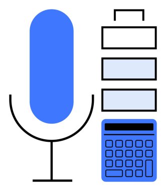 Hesap makinesi ve kağıt yığınının yanında verimliliği, iş organizasyonunu ve iletişimi gösteren bir mikrofon. Üretkenlik, iş araçları, eğitim, teknoloji, podcast, analiz için ideal