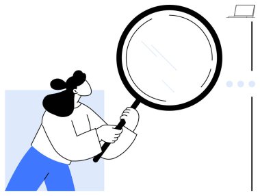 Bir kadın elinde büyüteçle objeleri dikkatle inceliyor. Araştırma, problem çözme, arama, analitik, odaklanma, merak ve eğitim için ideal. Temiz düz basit metafor