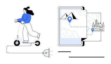 Elektrikli scooter kullanan bir kadın, yol ve istikametleri gösteren bir harita. Ulaşım, eko-seyahat, teknoloji, navigasyon, mobil uygulamalar, yeşil enerji şehirleri için ideal. Düz basit