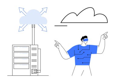 Veri akışı okları olan bir bulut, bağlı bir sunucu ve VR teçhizatlı gelecekçi bir adam. Bulut hesaplama, veri depolama, ağ oluşturma, yenilik, sanal gerçeklik teknolojisi altyapısı için idealdir. Düz