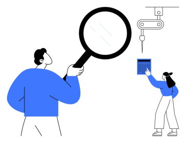 Erkek büyüteçle imalat düzeneğini denetliyor, kadın kontrol paneliyle etkileşime geçiyor. Kalite kontrol, üretim, yenilik, takım çalışması, problem çözme, imalat için ideal