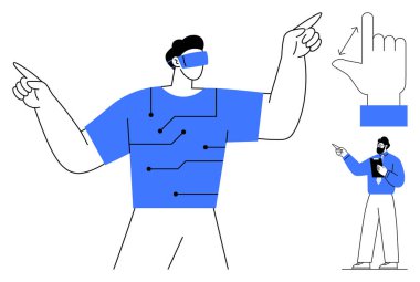 VR kulaklık takan bir adam jestler yoluyla dijital arayüzle etkileşime giriyor, pano analizi yapan bir tasarım gözlemcisi. Teknoloji, yenilik, gelecek, eğitim ve oyun için ideal