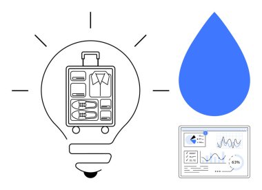 Ampul, mavi bir su damlası ve analitik gösterge panelinin yanına yerleştirilmiş bir bavul içeriyor. Seyahat planlama, yenilik, sürdürülebilirlik, paketleme ipuçları, kaynak yönetimi, yaratıcılık, düz