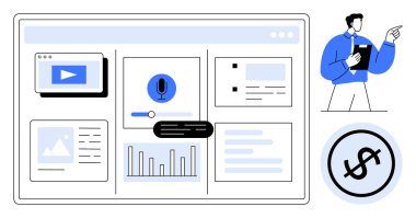 Çizelgeleri, mikrofonu, video oynatıcısı ve dolar simgesiyle etkileşimli web paneli. Görevleri gösteren adam. İş, analitik, finansman teknolojisi içerik oluşturma planlama ekip çalışması için idealdir. Düz