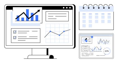 Bilgisayar ekranı grafikleri, görev listesini, takvimi ve ayrıntılı gösterge tablosunu gösterir. Üretkenlik, iş planlaması, veri analizi, proje yönetimi, pazar araştırma performansı için ideal
