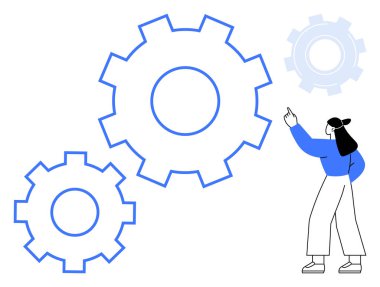 Mavili kadın birbirine bağlı dişlileri işaret ederek takım çalışmasını, verimliliği ve yeniliği sembolize ediyor. İşbirliği, iş akışı, mühendislik, planlama, organizasyon problem çözme dairesi için ideal