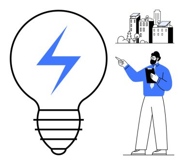 Enerji yıldırımlı ampul, şehir manzarasına doğru işaret eden profesyonel konuşmacı. Yenilik, elektrik, yenilenebilir enerji, şehir planlaması, sunumlar, sürdürülebilirlik eğitimi için ideal. Düz