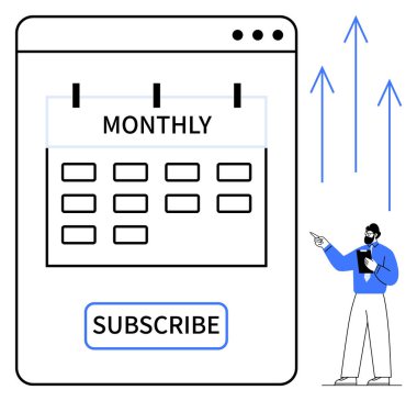 Dijital takvim aylık etiketli, abone düğmesi, yükselen okları gösteren kişi. Üyelik hizmeti, planlama, programlama, üretkenlik, iş büyümesi, pazarlama süreci için ideal
