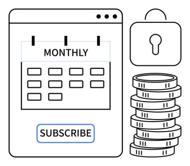 Aylık başlıklı takvim, abonelik düğmesi, birikmiş paralar ve tekrarlanan ödemeler. Üyelik hizmetleri, ödeme planları, bütçe, finans güvenliği ve gelir için ideal