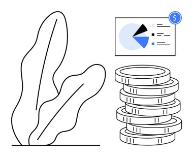 Bir turta grafiği ve soyut bitki yapraklarıyla tamamlanmış finansal ikon içeren veri tablosunun yanına istiflenmiş bozuk paralar. Finans, iş büyümesi, yatırım, analitik, gelir, tasarruf, daire için ideal
