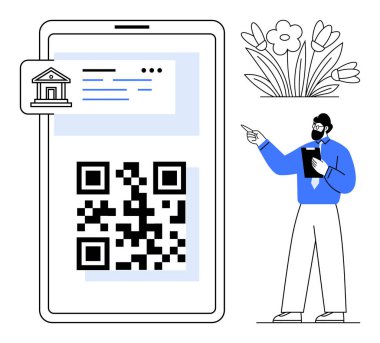 Banka ikonlu akıllı telefon görüntüsü, QR kodu ve tabletle işaret eden iş adamı. Köşede çiçekler var. Dijital ödemeler, mobil bankacılık, QR teknolojisi, iş, fintech işlemleri için ideal