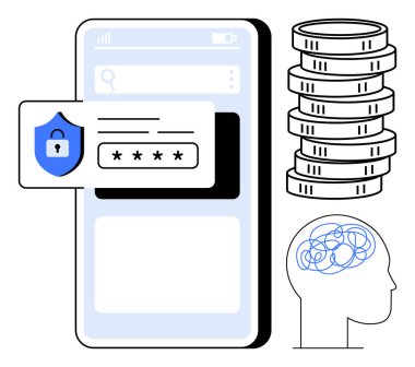 Güvenlik suflörlü akıllı telefon ekranı, finansı sembolize eden bozuk paralar ve düşünen bir beyin simgesi. Siber güvenlik, veri gizliliği, mobil bankacılık, fintech, zihinsel odak, şifre güvenliği için ideal