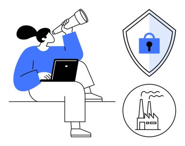 Bilgisayarda çalışırken teleskop kullanan bir kadın, güvenlik kalkanı ve imalathanenin simgeleri yanında. Siber güvenlik, gelecek planlama, endüstriyel büyüme, yenilik, teknolojik tahmin, araştırma için ideal