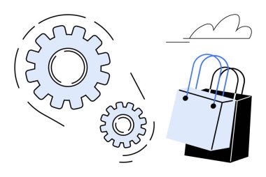 Vitesler mekanik fonksiyonu sembolize ediyor, mavi saplı siyah alışveriş torbası, bulut bağlantı olduğunu gösteriyor. E-ticaret, teknoloji, perakende, lojistik, yenilik, dijital dönüşüm için ideal