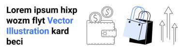 İçinde bozuk paralar, alışveriş torbaları ve üç tane de yukarı doğru ok olan cüzdan. Alışveriş, e-ticaret, tasarruf, mali büyüme, perakende, yatırım planlama düz iniş sayfası afişi için ideal