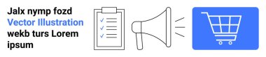 Keneleri olan kontrol listesi, bir mesaj ileten hoparlör ve mavi alışveriş arabası. Pazarlama, reklam, e-ticaret, dijital strateji, promosyon, iletişim için ideal basit iniş sayfası