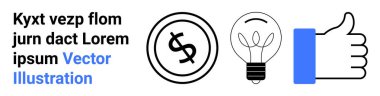 Çember içinde dolar sikke, ampul ve başparmak kaldırma simgeleri. Ticari büyüme, yenilik, finans, onay, takım çalışması, soyut çizgi düz metaforunda başarı pazarlaması için ideal