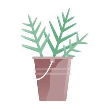 Kahverengi metal kovanın içine ince, pürüzlü yapraklar yerleştirilmiş yeşil bir bitkinin basit bir görüntüsü. Bahçe işleri, doğa temaları, çevre dostu tasarımlar, minimalist d 'cor ve organik yaşam tarzı için ideal. Düz