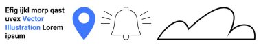Pin konumu, bildirim için çan sembolü ve ağ veya depolama için bulut çizgisi. Harita arayüzü, seyahat, alarm, bulut hesaplama, teknoloji, iletişim için ideal minimum UI basit