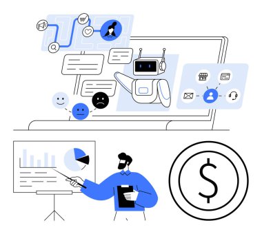 Chatbot mesajlar, emoticonlar ve kullanıcı arayüzü elementleri kullanarak etkileşime girer. Sunucu veri analizini, grafikleri ve finansal büyümeyi açıklıyor. Yapay zeka, müşteri hizmetleri, veri analizi satışları için ideal