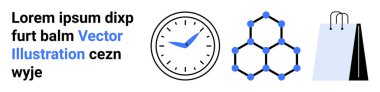 Mavi elli saat, düğümlü moleküler altıgen yapı, saplı alışveriş torbası. İş, bilim, araştırma, alışveriş, e-ticaret, zaman yönetimi için ideal basit iniş sayfası