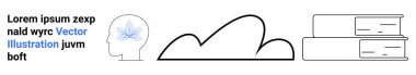 Yaprak beyin motifli baş silueti, soyut bulut ve bilgiyi, bağlantıyı ve fikirleri sembolize eden kitaplar. Eğitim, teknoloji, yenilik ve ekolojik kavramlar için ideal