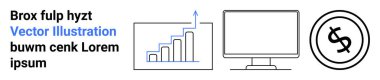 Yukarı doğru eğilimli çubuk grafik, bilgisayar monitörü ve dolar işareti dairesi analitik, teknoloji ve finansal temaları temsil eder. Veri, finans, iş büyümesi ve teknoloji yatırım stratejisi için ideal