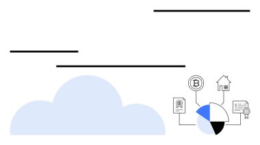 Yatay çizgilerin altında bulut, Bitcoin 'i, evi, sertifika simgelerini birbirine bağlayan pasta grafiği. Finans, teknoloji, engelleme zinciri, veri yönetimi, dijital dönüşüm bulut kullanımı için ideal basit