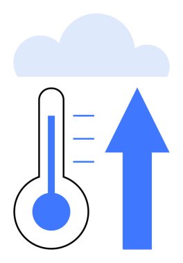 Yükselen göstergeli termometre, yükselen ok ve sıcaklık artışı gösteren bulut. Hava tahmini, iklim değişikliği, çevre bilinci, küresel ısınma, enerji verimliliği için ideal