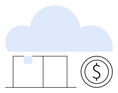 Depo kutusunun üstündeki büyük bulut ve dolar bozuk para bulut depolama, veri yönetimi, finansal hizmetler ve çevrimiçi işlemleri sembolize ediyor. Teknoloji, finans, güvenlik, e-ticaret, iş için ideal