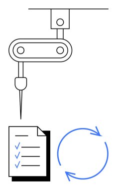 Hassas aracı olan robot kol, tamamlanmış görevleri olan bir kontrol listesi ve yineleme için dairesel oklar. Otomasyon, kesinlik, kalite kontrolü, geliştirme, süreç, iş akışı yeniliği için ideal