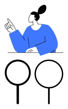 Yukarıya bakan mavi elbiseli bir kadın. İki büyüteç odak, merak ve analizi ön plana çıkarıyor. Araştırma, eğitim, araştırma, soruşturma, karar verme, beyin fırtınası için ideal