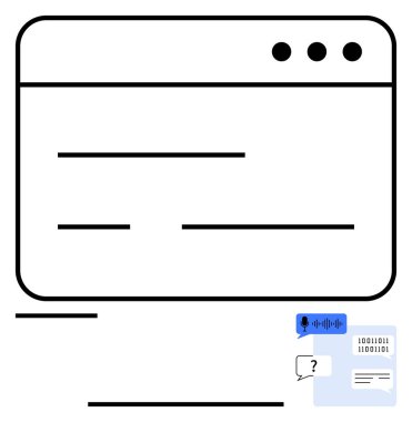 Etkileşimli elementler, konuşma dalgası, ikili kod, sohbet baloncukları içeren tarayıcı penceresi ana hatları. Teknolojik yenilik, web tasarımı, kullanıcı arayüzü, kodlama, yapay zeka iletişim desteği için ideal