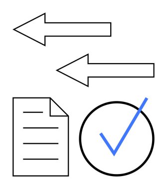 İki yönlü belge akışını gösteren iki ok, bir kağıt sayfası simgesi ve onaylanmayı sembolize eden bir çemberdeki kontrol işareti. Çalışma akışı, onaylar, süreç izleme, iletişim, dosya için ideal