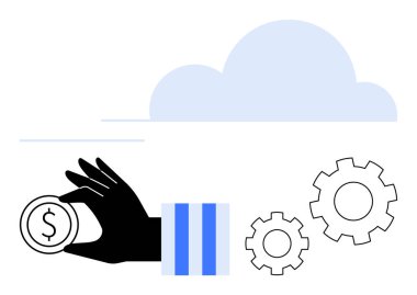 Bulutların altında birbirine kenetlenmiş viteslerin yanında el ele tutuşmak mali karar verme mekanizmasını, otomasyonu ve yeniliği vurguluyor. Finans, bulut hesaplama, takım çalışması, teknoloji, verimlilik, iş akışı için ideal