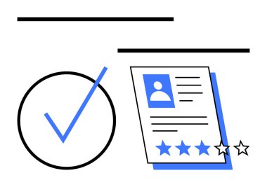 Aday profili kartı, içinde fotoğraf, detay ve beş yıldız, ikisi boş. Büyük onay işaretleri örtüşüyor. İşe alım, işe alım, geri bildirim değerlendirme uygulaması onay kalitesini değerlendirmek için idealdir. Düz